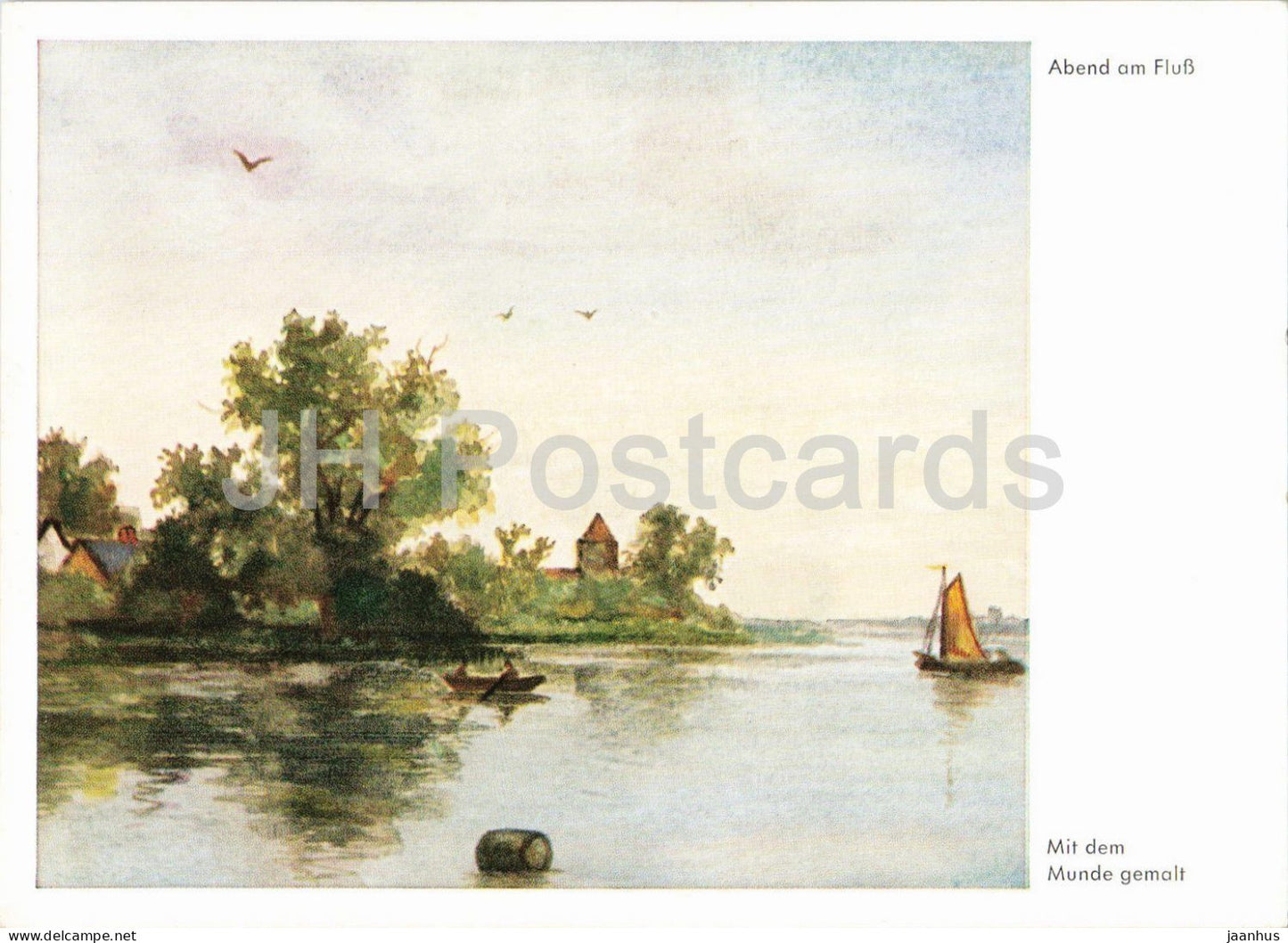 painting by C. F. Riet - Abend am Fluss - Evening on the River - mouth painting - boat - birds - Germany - unused - JH Postcards