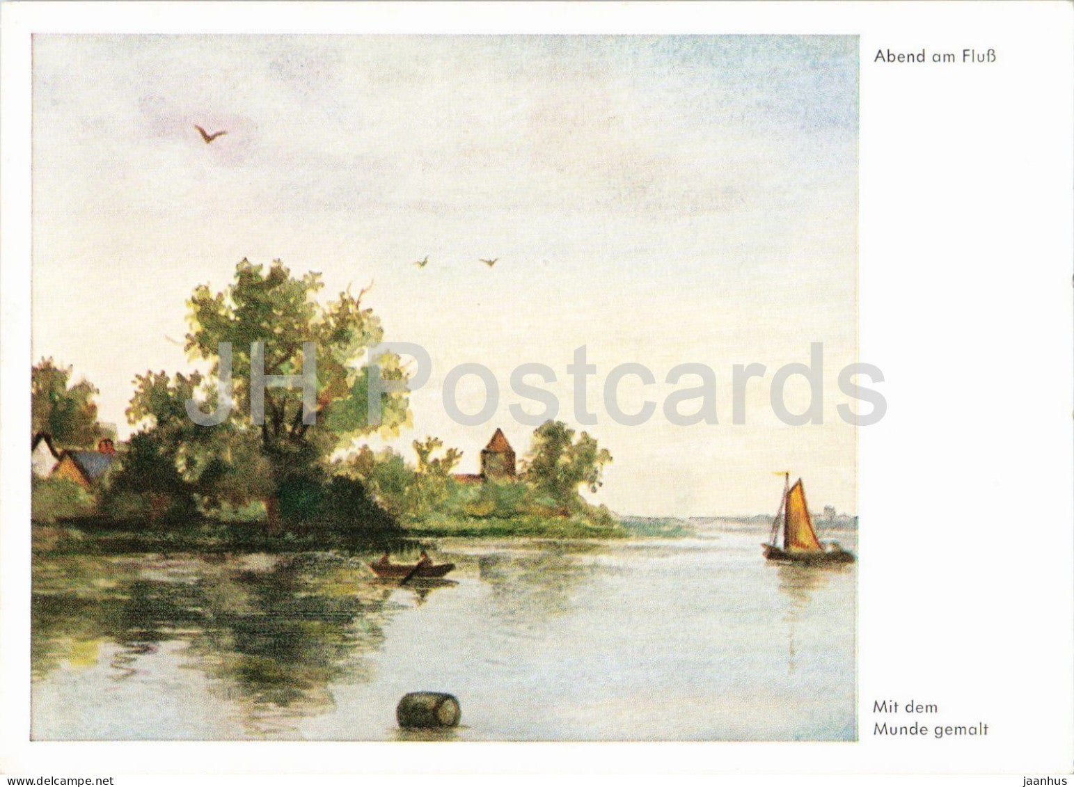painting by C. F. Riet - Abend am Fluss - Evening on the River - mouth painting - boat - birds - Germany - unused - JH Postcards