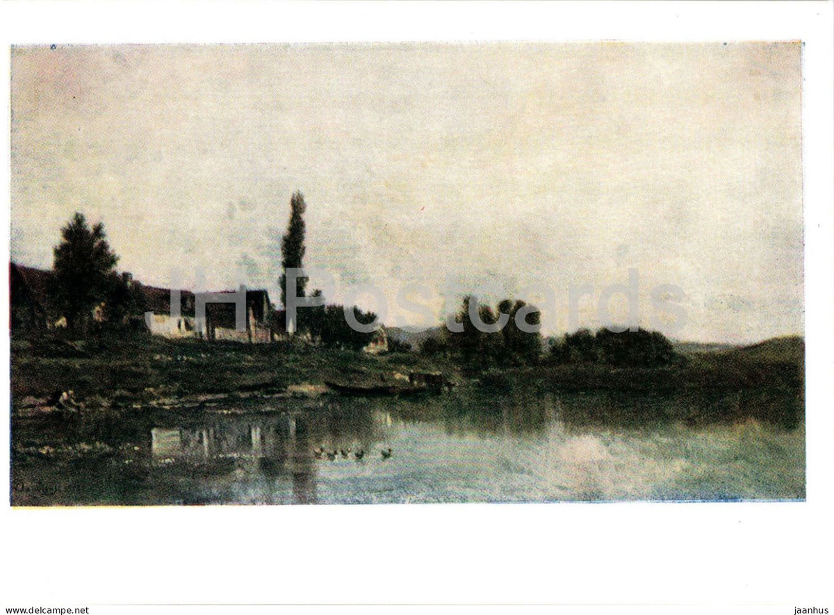 painting by Charles-Francois Daubigny - Village on the Banks of the Oise - boat - 1961 - Russia USSR - unused - JH Postcards