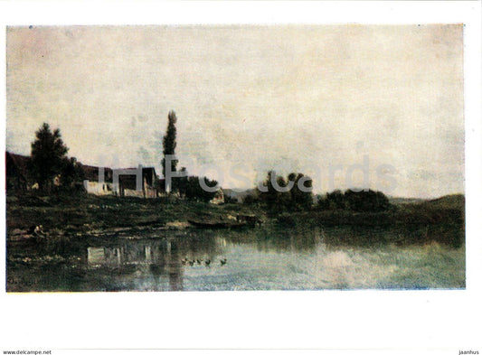painting by Charles-Francois Daubigny - Village on the Banks of the Oise - boat - 1961 - Russia USSR - unused - JH Postcards