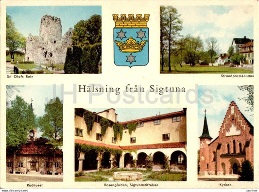 Halsning fran Sigtuna - Olofs Ruin - Strandpromenaden - Radhuset - Kyrkan - multiview - 110 - 1972 - Sweden - used - JH Postcards