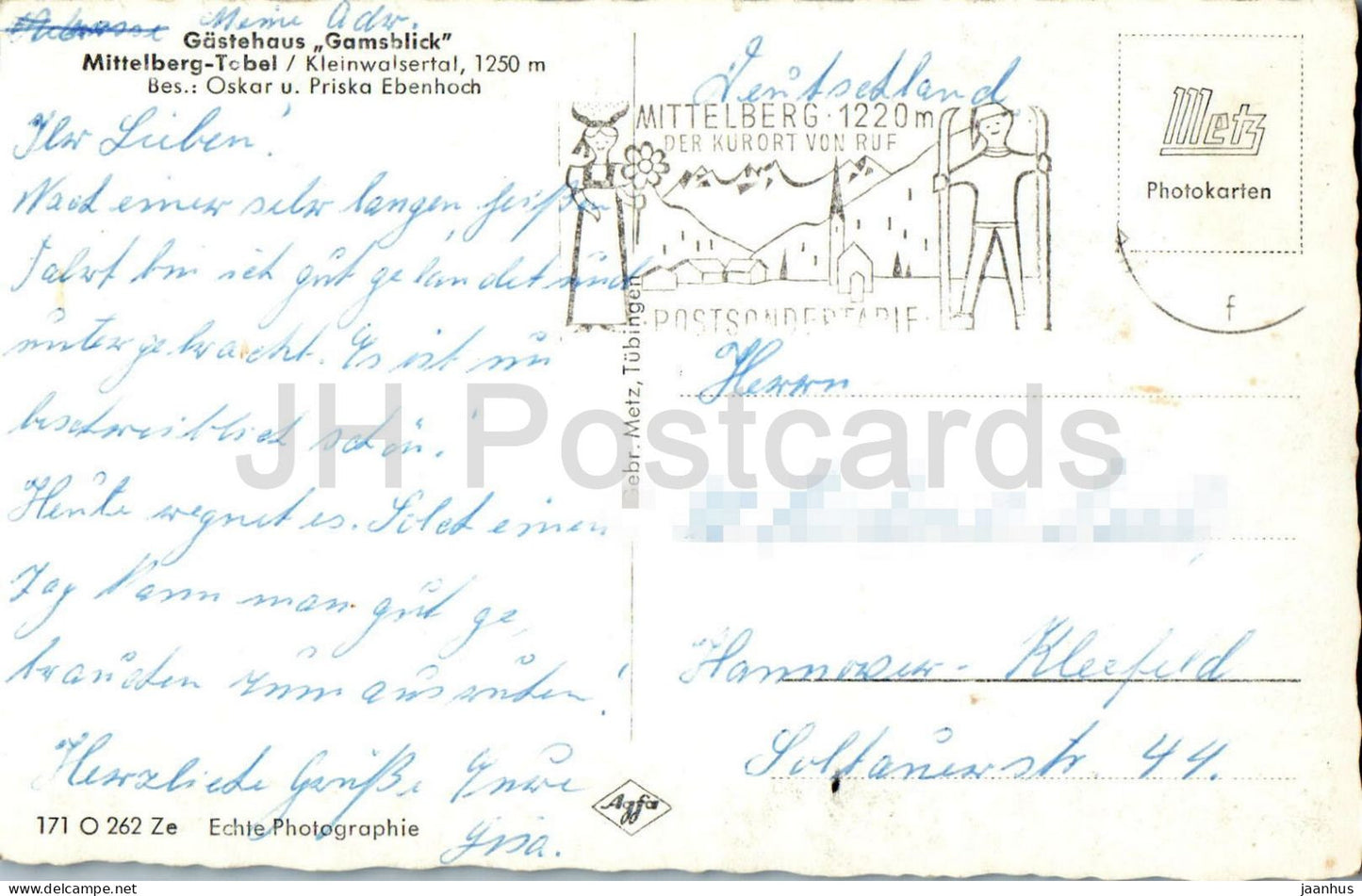 Gastehaus Gamsblick - Mittelberg Tobel - Kleinwalsertal - guesthouse - Alps - old postcard - Austria - used