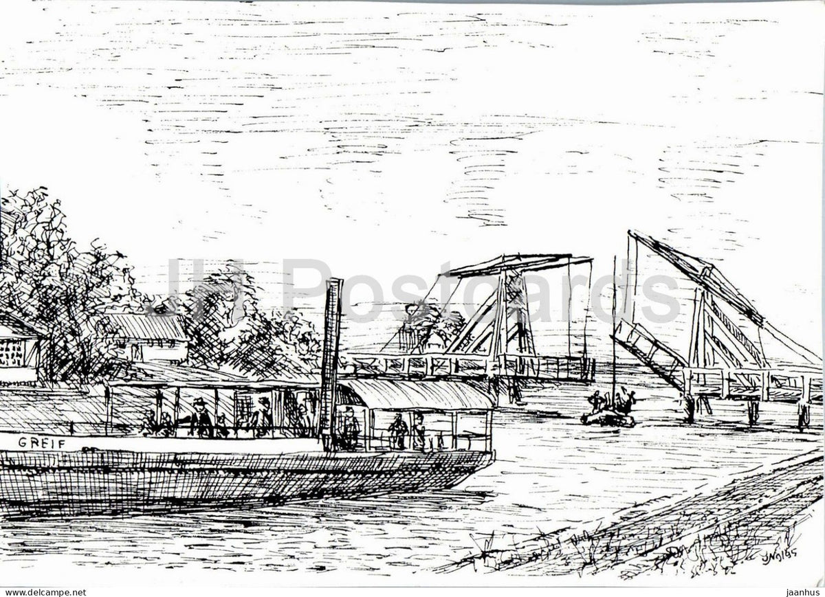 drawing by M. Niebergall - Drawbridge at Wieck near Greifswald - ship - German art - Germany - unused - JH Postcards