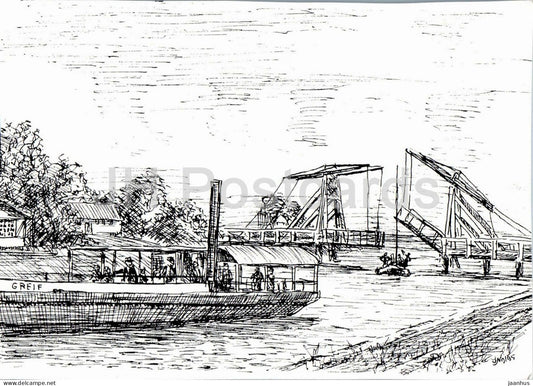 drawing by M. Niebergall - Drawbridge at Wieck near Greifswald - ship - German art - Germany - unused - JH Postcards