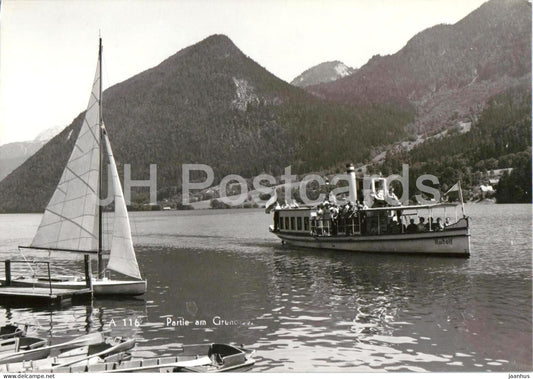 Partie am Grundlsee - lake - boat - steamer Rudolf - mountains - 116 - old postcard - Austria - unused - JH Postcards