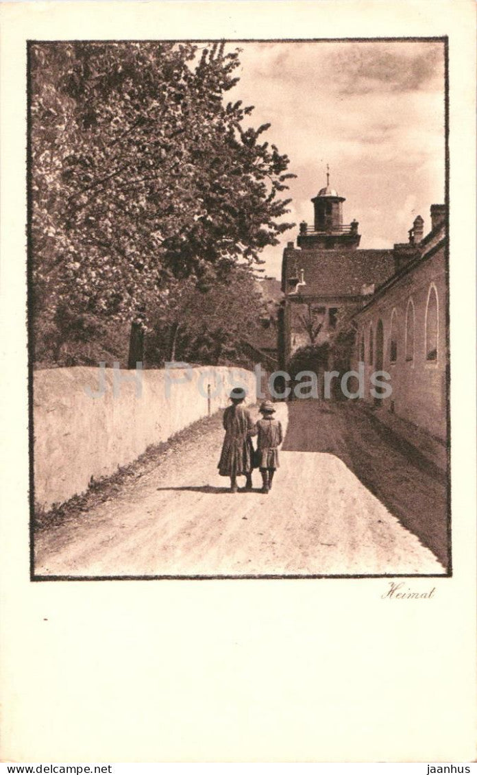 Heimat - two children walking on road toward village church - Series - 2350 - old postcard - Switzerland - used - JH Postcards