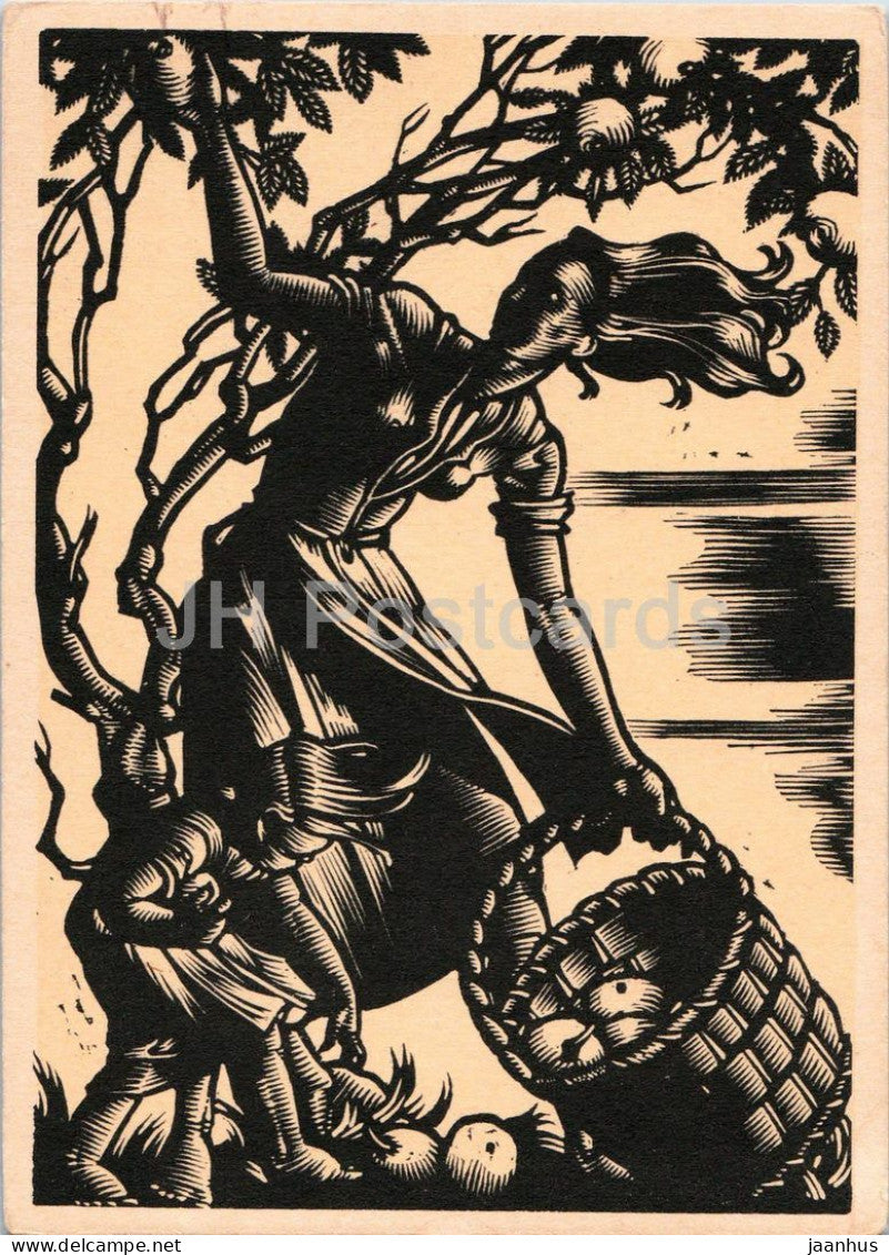 engraving by Hedwig zum Tobel - The Seasons Autumn - Herbst - German art - old postcard - 1950s - Germany - unused - JH Postcards