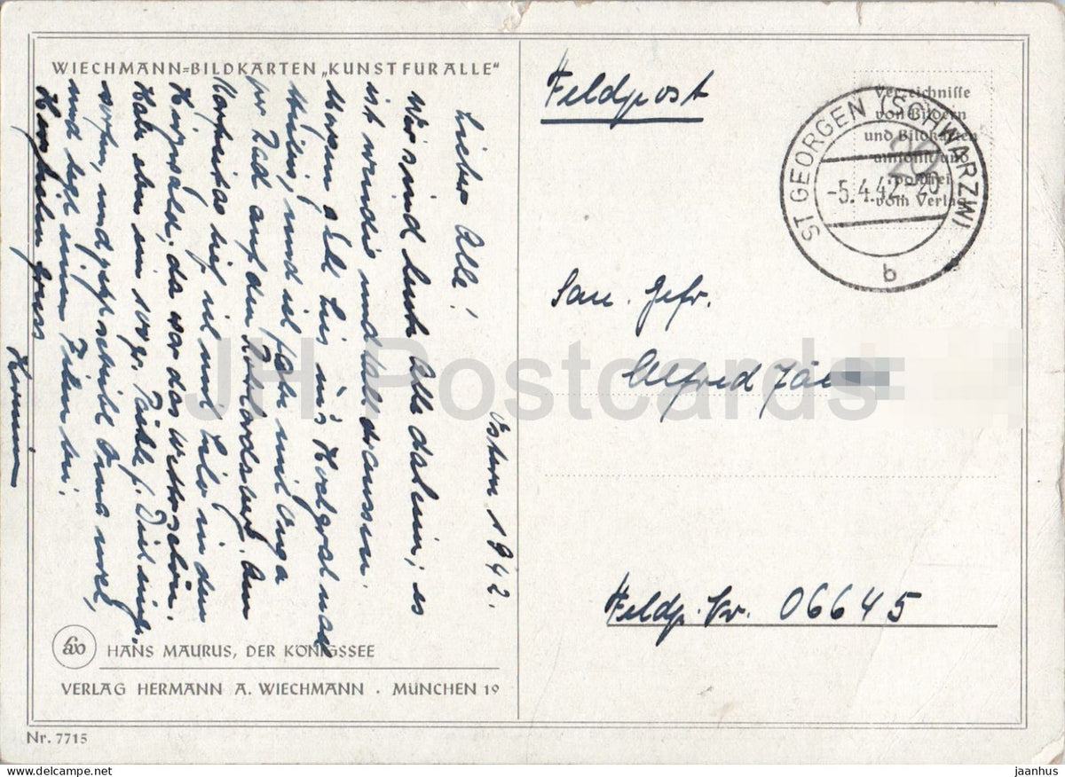 painting by Hans Maurus - The Konigssee - Der Konigssee - German art - old postcard - 1942 - Germany - used