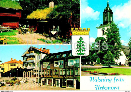 Halsning fran Hedemora - Dalarna - multiview - town views - church - D-38-19 - 1987 - Sweden - used - JH Postcards