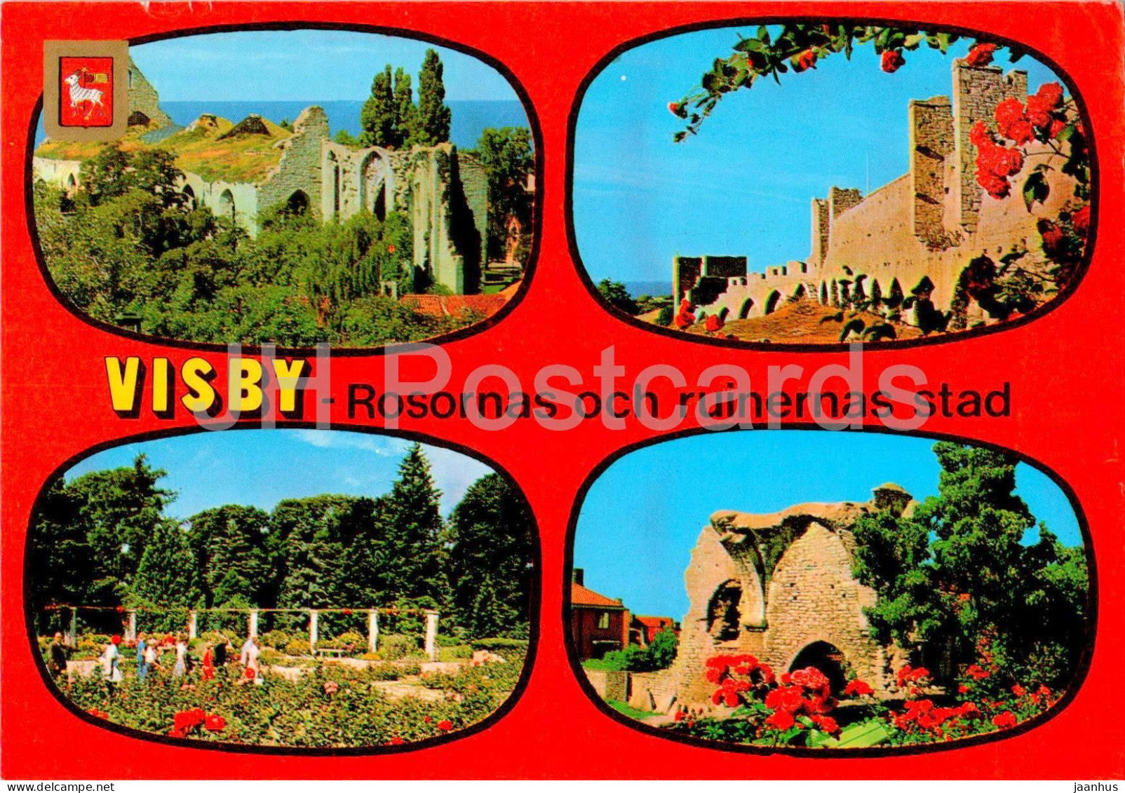 Visby - St Nicolai ruin - Norra muren - Botaniska tradgarden - St Peters ruin - multiview Gotland - 8127 - Sweden - used - JH Postcards