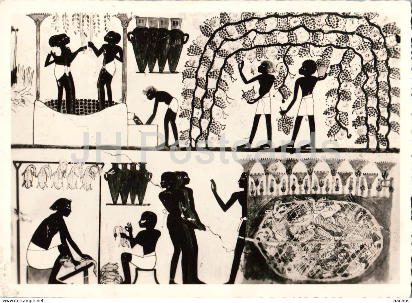Thebes - Tombs of the Nobles - wine pressing birds snaring - ancient world - old postcard - Egypt - unused - JH Postcards