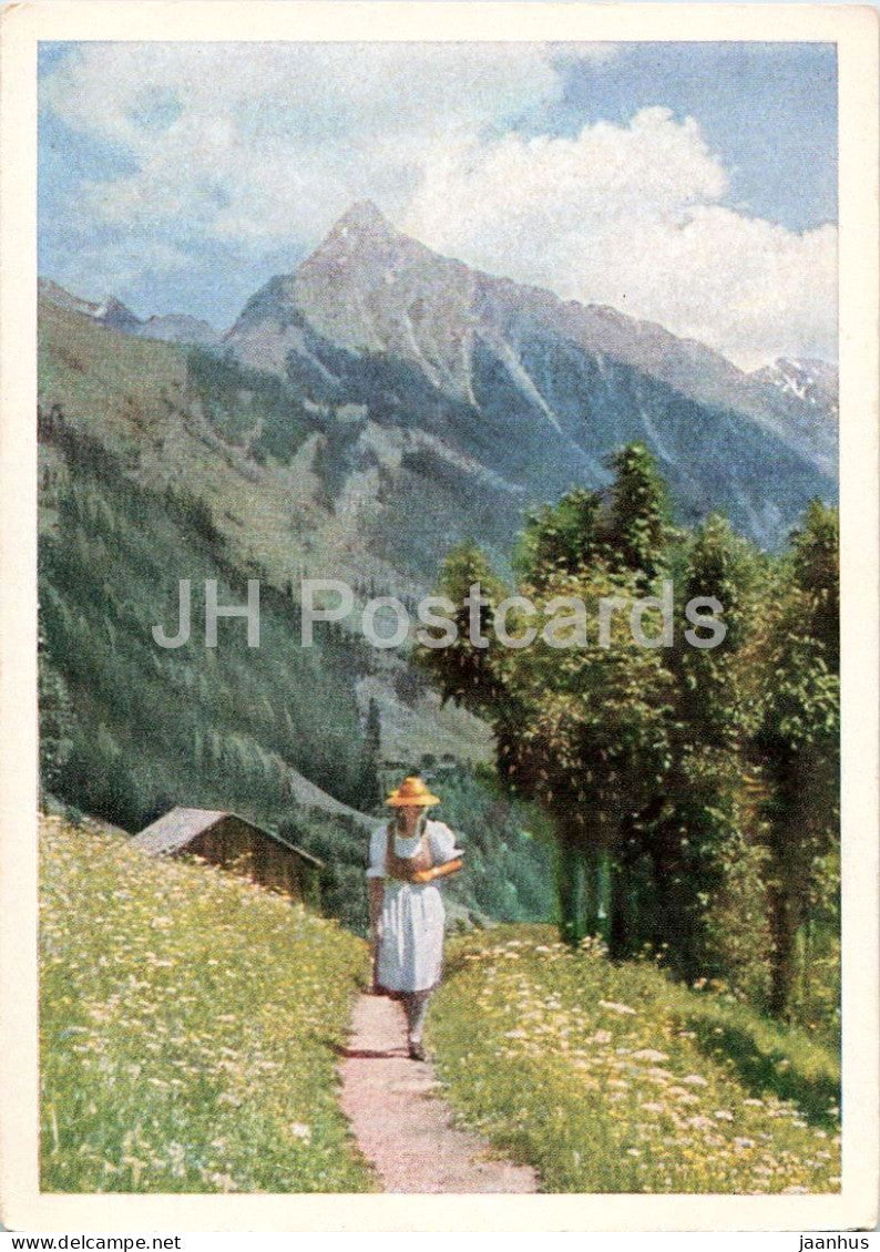 Alpine mountain landscape - woman in folk costumes - Forster & Borries - 267 - old postcard - 1930s - Germany - unused - JH Postcards