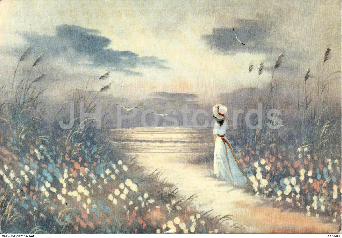 unidentified illustration - woman on a path to the sea with flowers - birds - 90-32 - 1990s - Turkey - unused - JH Postcards