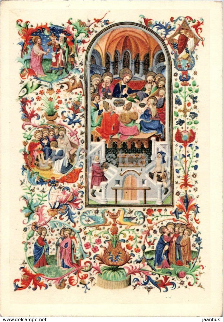 manuscript illumination - The Last Supper - Das letzte Abendmahl - 259 - art - old postcard - 1951 - Austria - used - JH Postcards