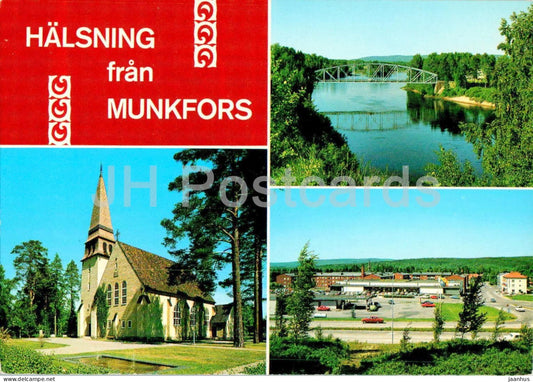 Halsning fran Munkfors - Kyrkan - Klaralven - Centrum - multiview - church - bridge - 420 - Sweden - used - JH Postcards