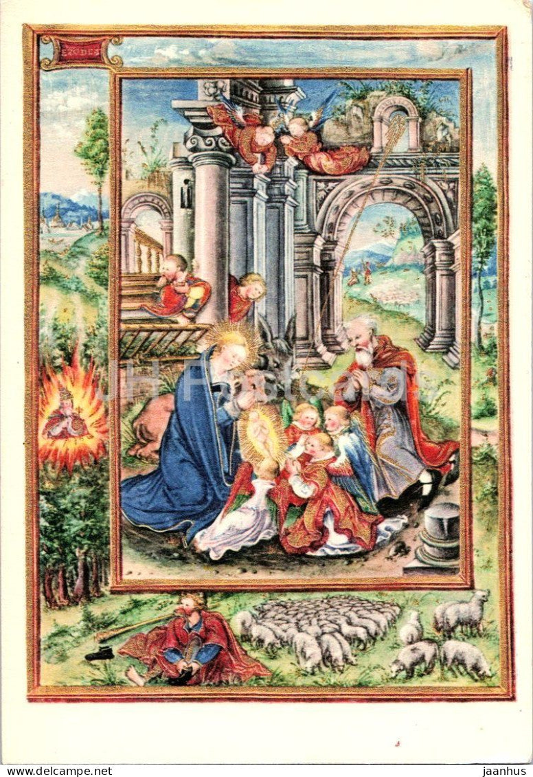 illuminated manuscript - The Nativity - Christi Geburt - sheep - art - old postcard - 1951 - Austria - used - JH Postcards