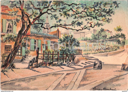 watercolor painting by Lucien Baubaut - Le Lapin a Gille and the Montmartre vineyard - old postcard 1950 - France - used - JH Postcards