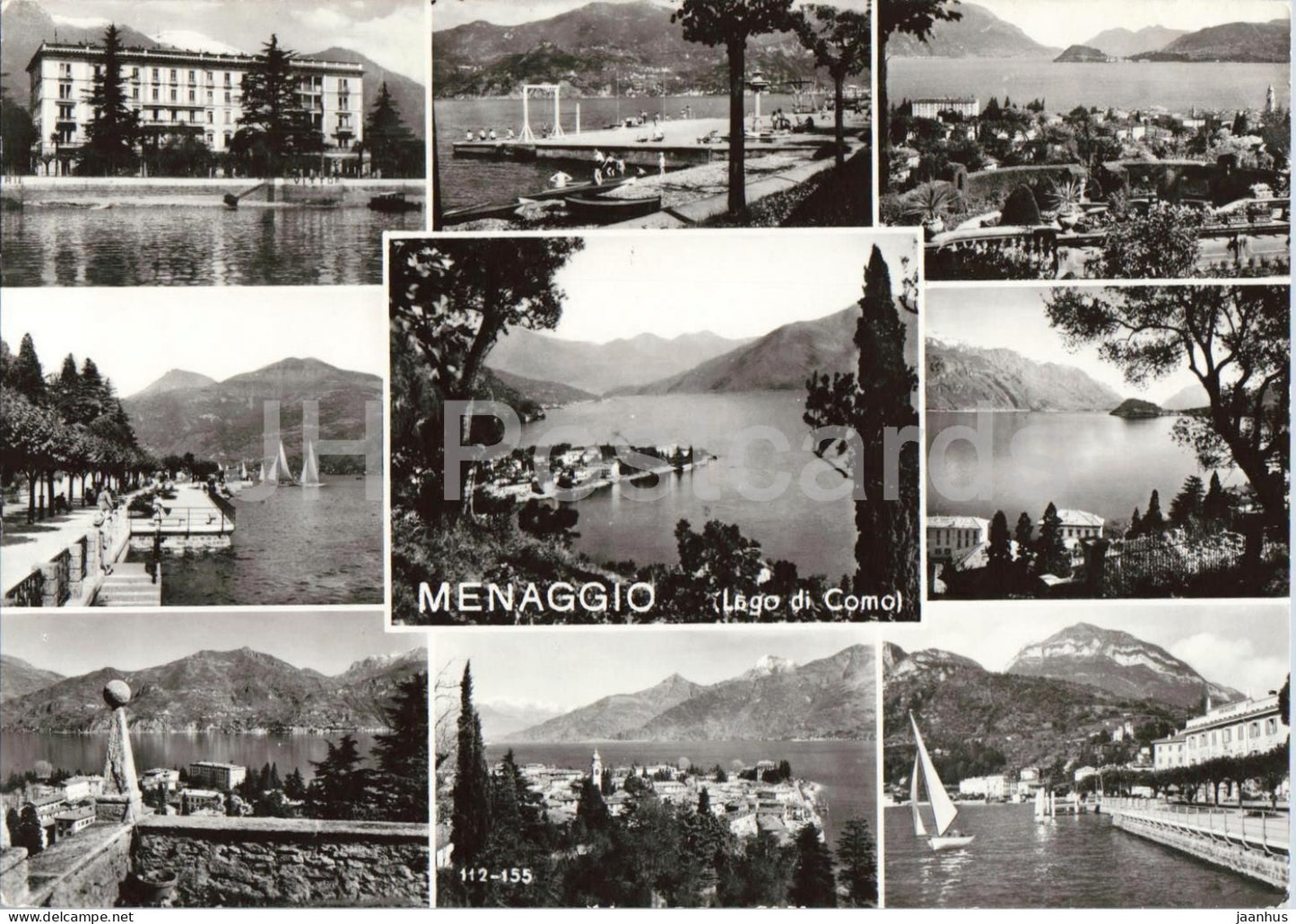 Menaggio - Lago di Como - Lake Como - town - harbor - sailing boats - promenade - multiview 112-155 1970 - Italy - used - JH Postcards