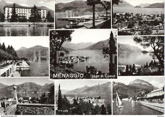 Menaggio - Lago di Como - Lake Como - town - harbor - sailing boats - promenade - multiview 112-155 1970 - Italy - used - JH Postcards