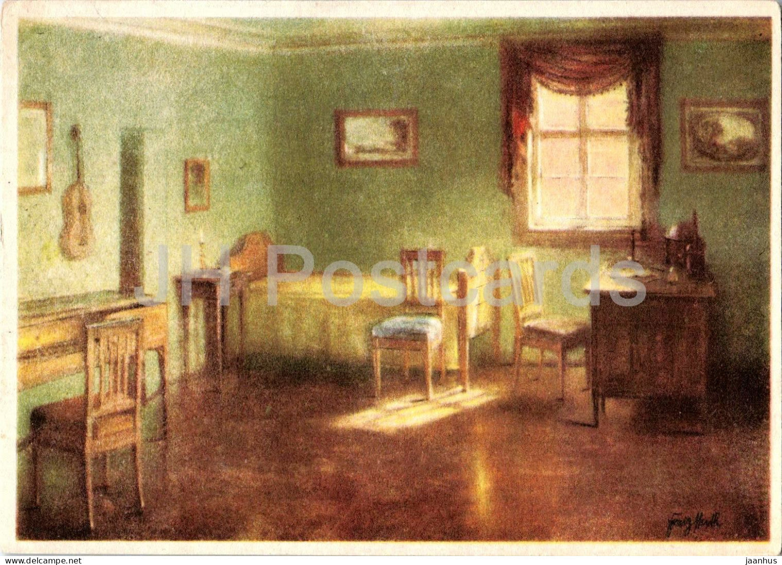 painting by Franz Huth - Schiller House Weimar Study - German art - old postcard - 1940s - Germany - unused - JH Postcards