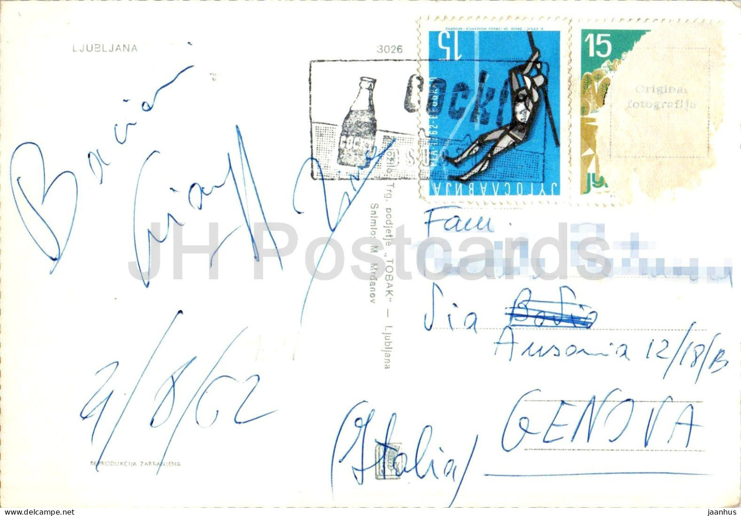 Ljubljana - Neboticnik - Architektur - Radfahrer - Verkehr - 3026 - alte Postkarte - 1962 - Slowenien Jugoslawien - gebraucht
