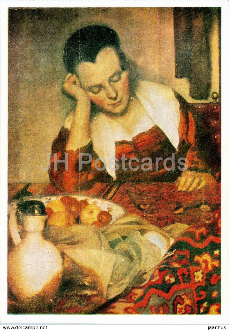 painting by Jan Vermeer van Delft - Schlafendes Madchen - A Maid Asleep - Dutch art - 1979 - Germany DDR - unused - JH Postcards