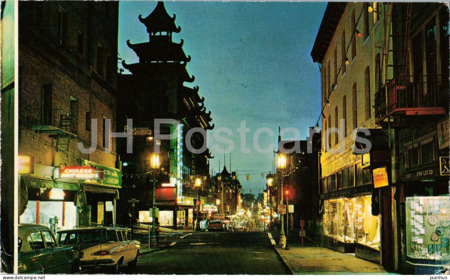 San Francisco - Chinatown at Night - Grant Avenue - pagoda - neon street scene - car - 1970 - USA - used - JH Postcards