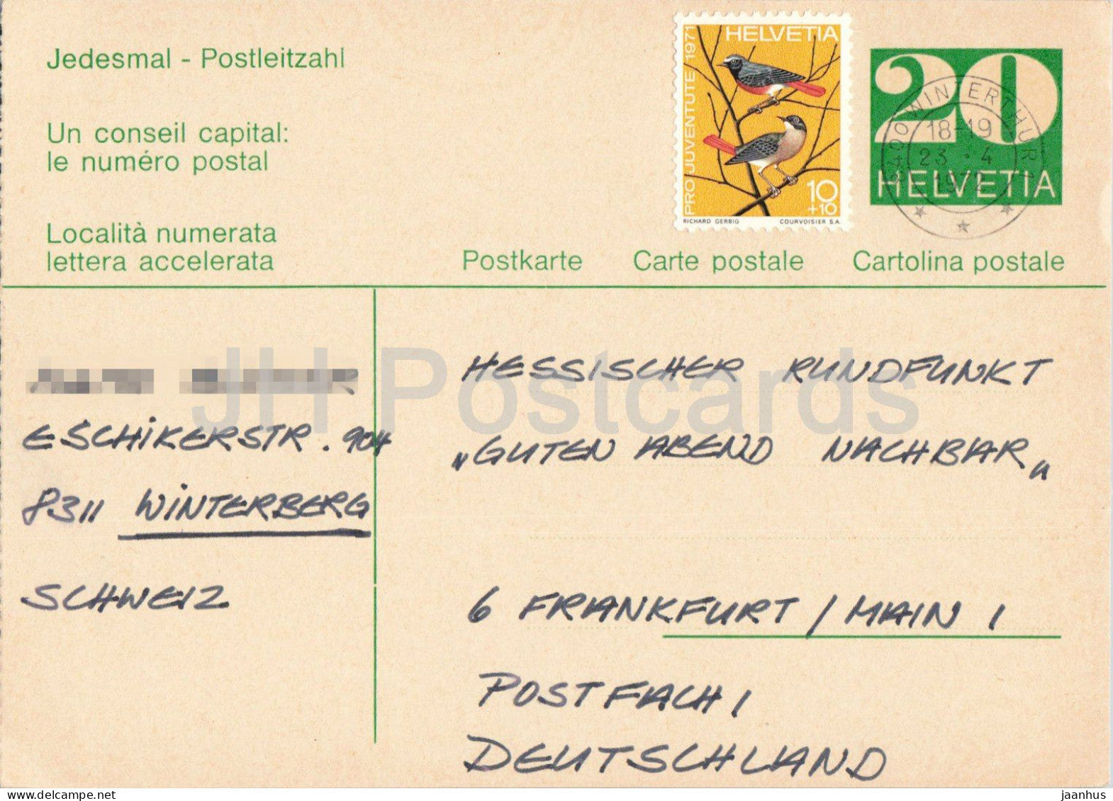 Guten Abend Nachbarn - Hessischer Rundfunk - postal stationery - 125 - 1972 - Switzerland - used - JH Postcards