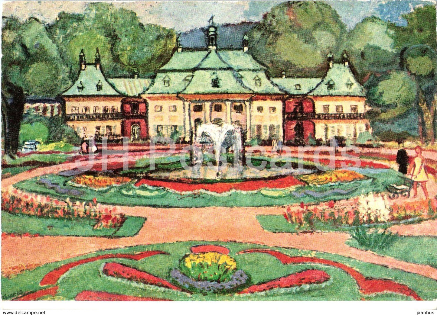 painting by Hans Juchser - Pillnitz Castle - Schloss Pillnitz - German art - 1961 - Germany DDR - unused - JH Postcards