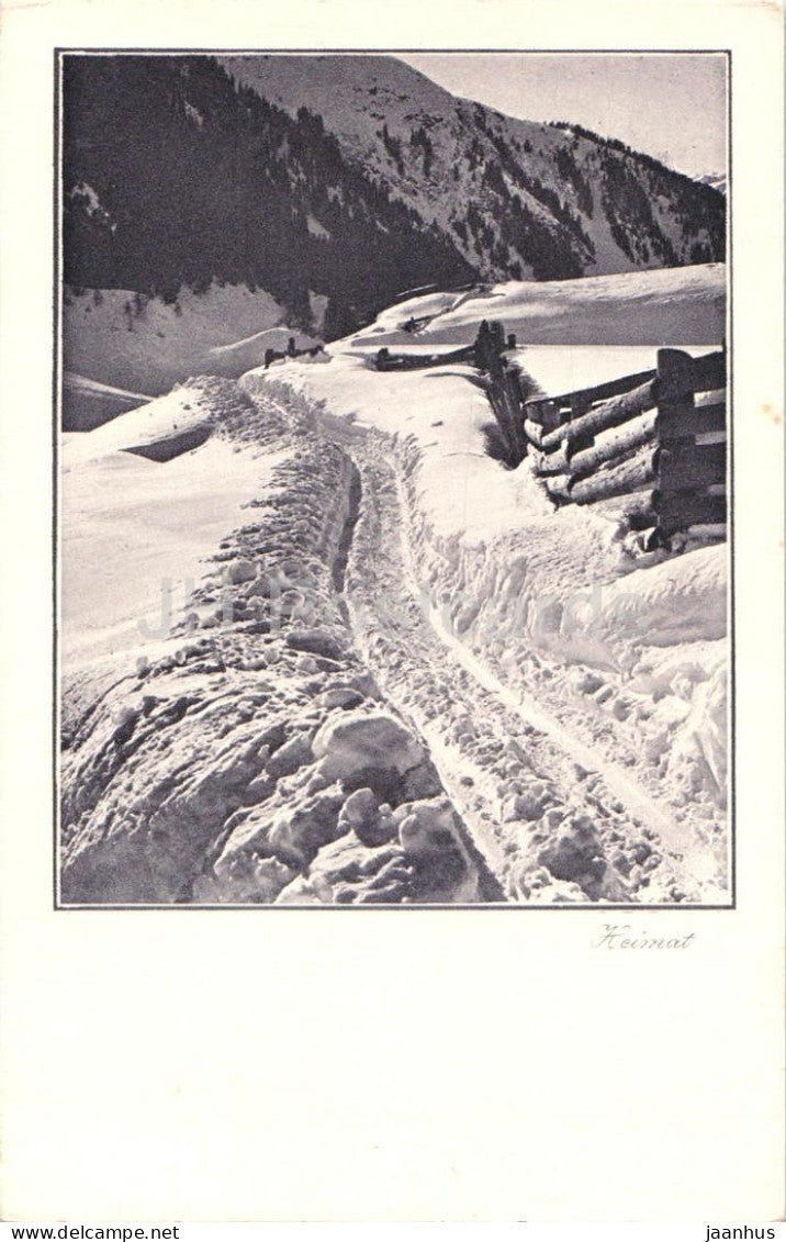 Heimat - snowy road and wooden fence in alpine valley - Series - 2424 - old postcard - Switzerland - unused - JH Postcards