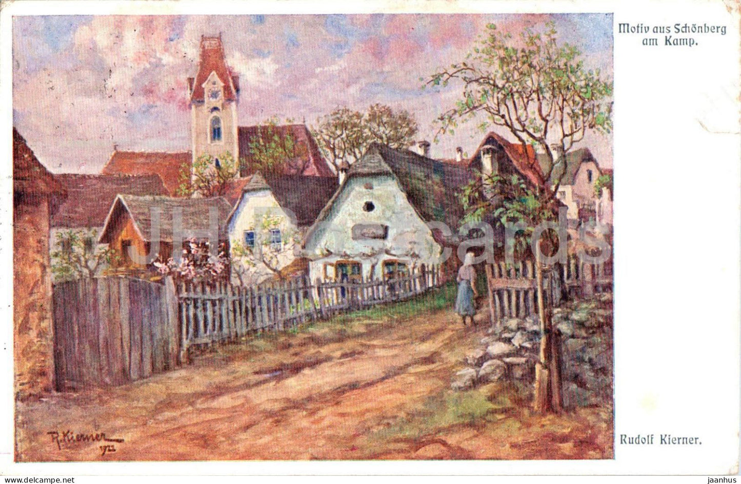 Motiv aus Schonberg am Kamp - church - illustration by Rudolf Kierner - 395 - old postcard - 1936 - Austria - used - JH Postcards