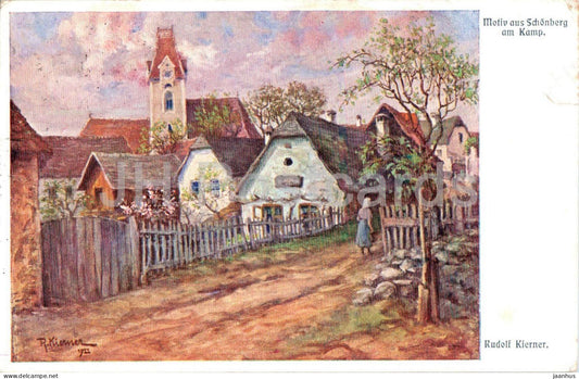 Motiv aus Schonberg am Kamp - church - illustration by Rudolf Kierner - 395 - old postcard - 1936 - Austria - used - JH Postcards