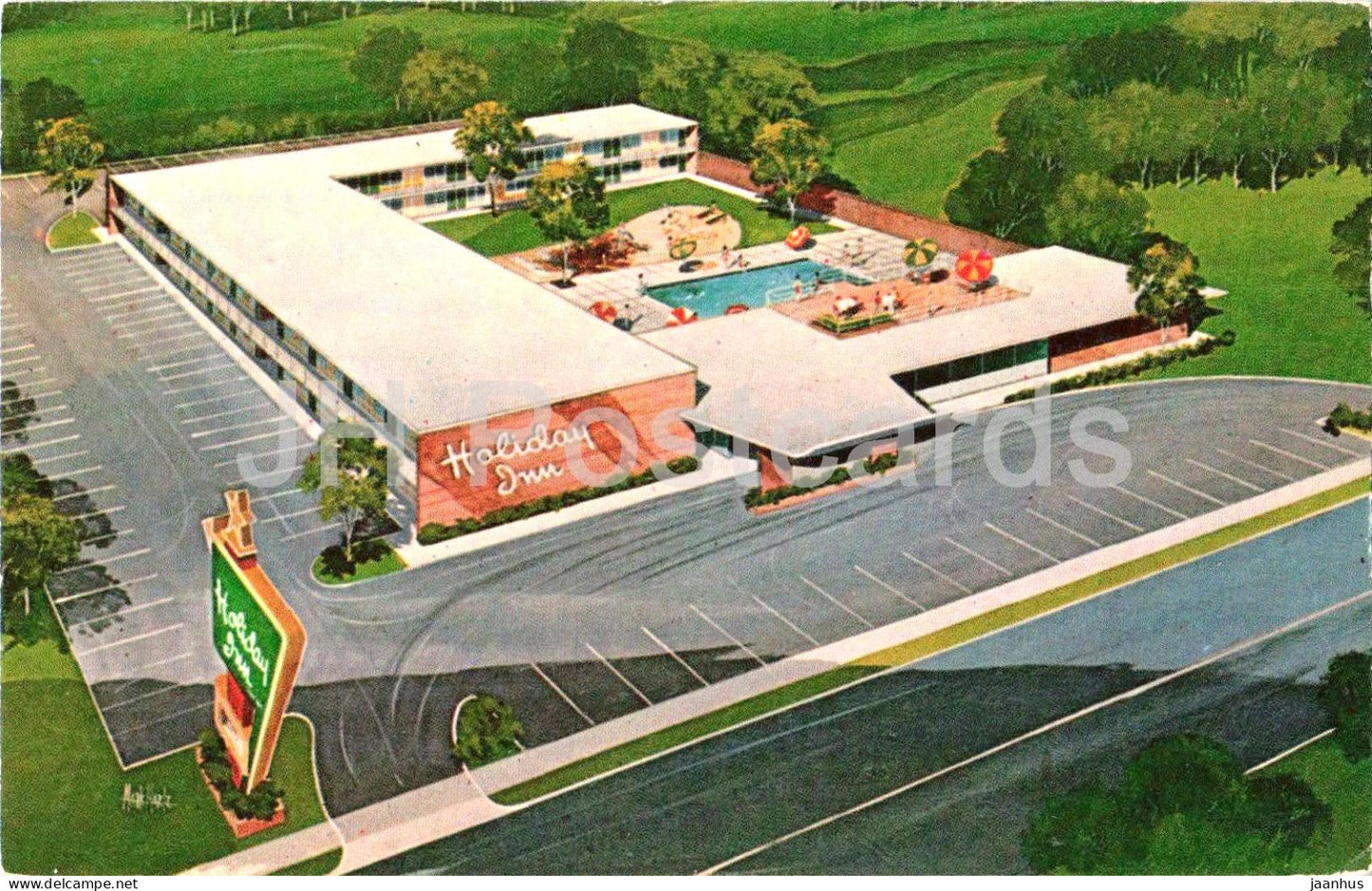 Holiday Inn - Lima - Ohio - motel - swimming pool - aerial view - illustration - old postcard - USA - unused - JH Postcards