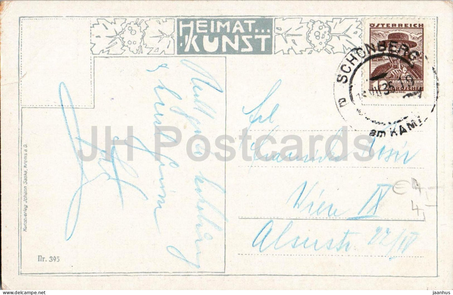 Motiv aus Schonberg am Kamp - church - illustration by Rudolf Kierner - 395 - old postcard - 1936 - Austria - used