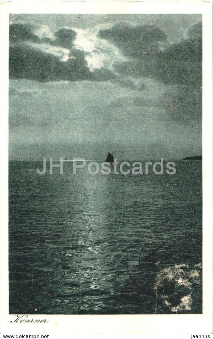 Kvarner - night seascape - Moonlight over the Adriatic - sea - boat - old postcard - Croatia - used - JH Postcards