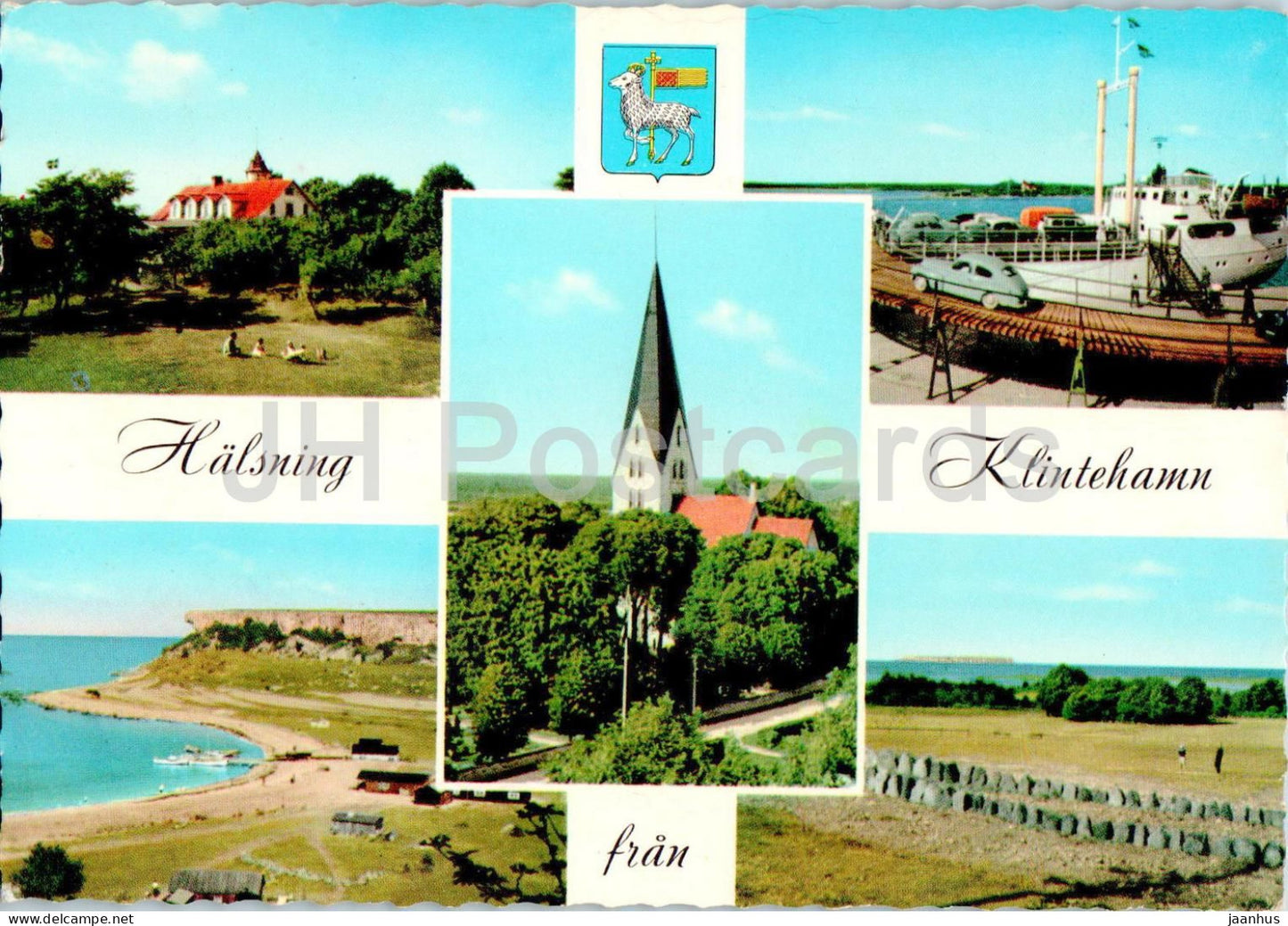 Halsning fran Klintehamn - Warfsholm pansionat - Kyrkan - Stora Karlso - ship - multiview - 1961 - Sweden - used - JH Postcards