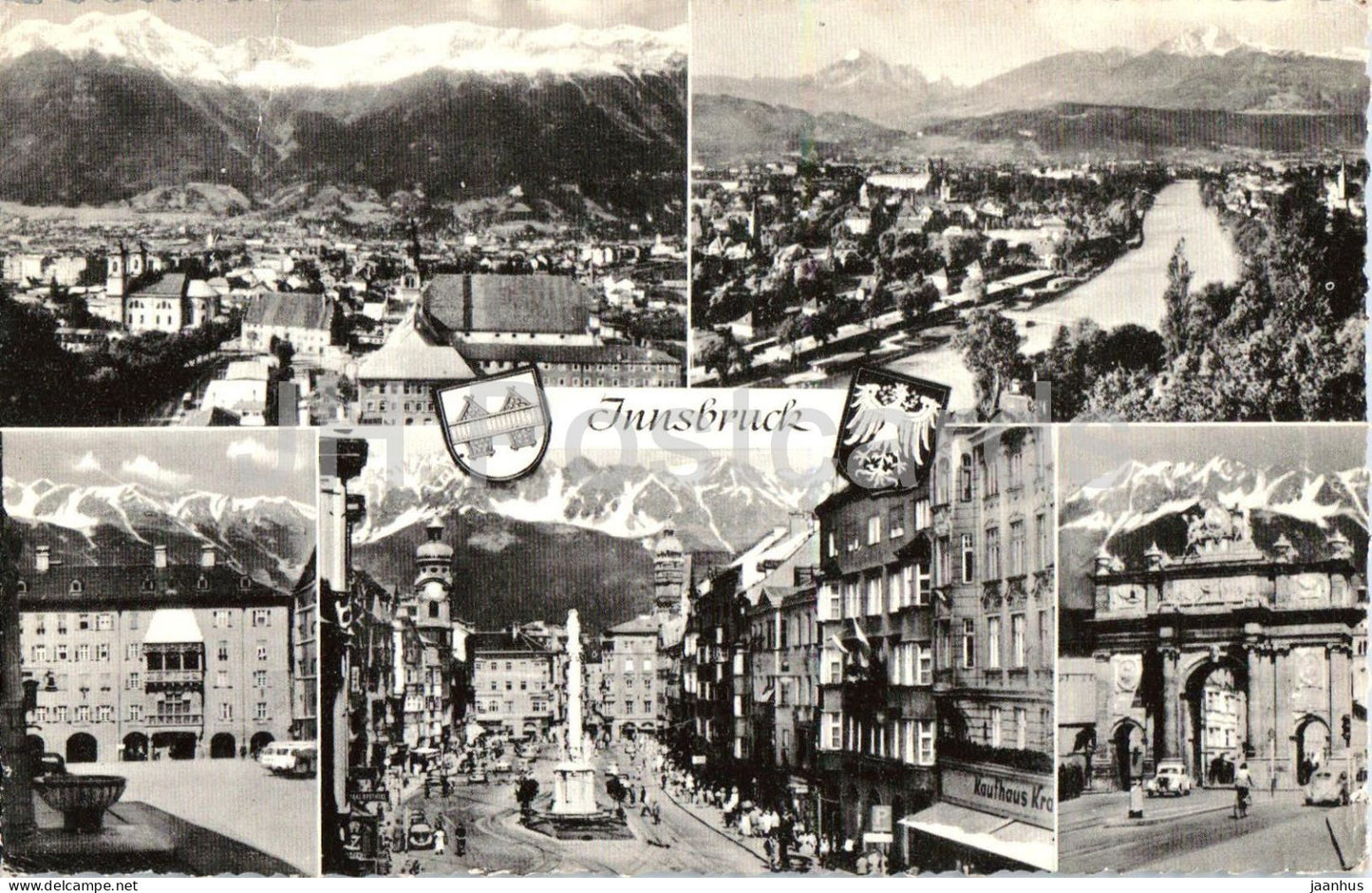 Innsbruck - Triumphpforte - Nordkette - city panorama - streets - multiview - 90 - 1960 - Austria - used - JH Postcards