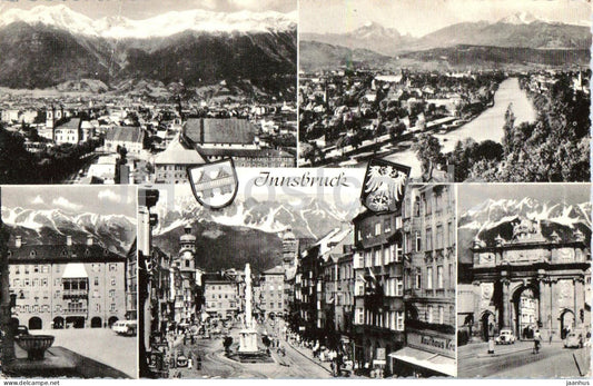 Innsbruck - Triumphpforte - Nordkette - city panorama - streets - multiview - 90 - 1960 - Austria - used - JH Postcards