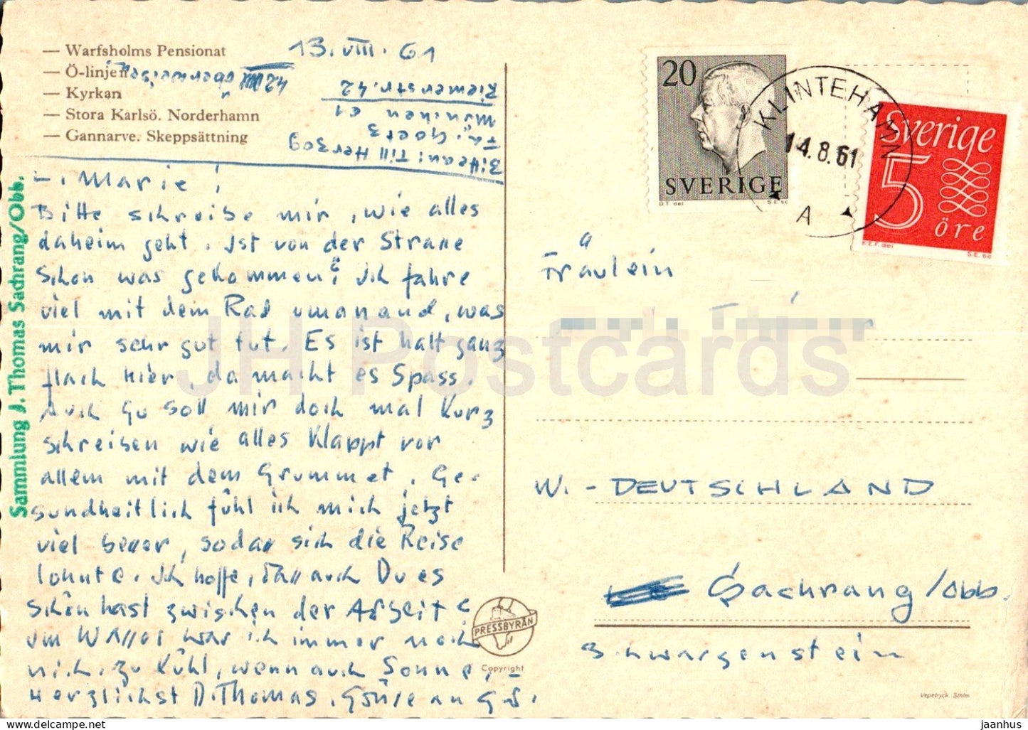 Halsning fran Klintehamn – Warfsholm pansionat – Kyrkan – Stora Karlso – Schiff – Multiview – 1961 – Schweden – gebraucht 