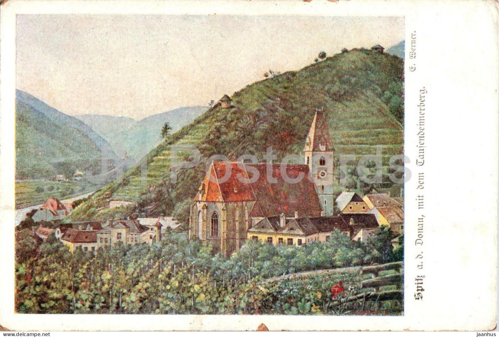 Spitz an der Donau mit Tausendeimerberg - Town and church view - illustration - old postcard - 1919 - Austria - used - JH Postcards