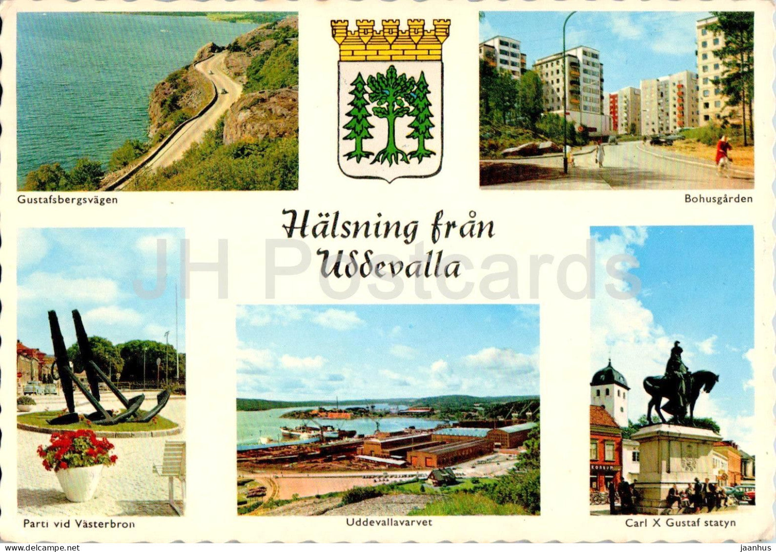 Halsning fran Uddevalla - Bohusgarden - Uddevallavarvet - Carl X Gustav statyn - multiview - 228 - 1963 - Sweden - used - JH Postcards