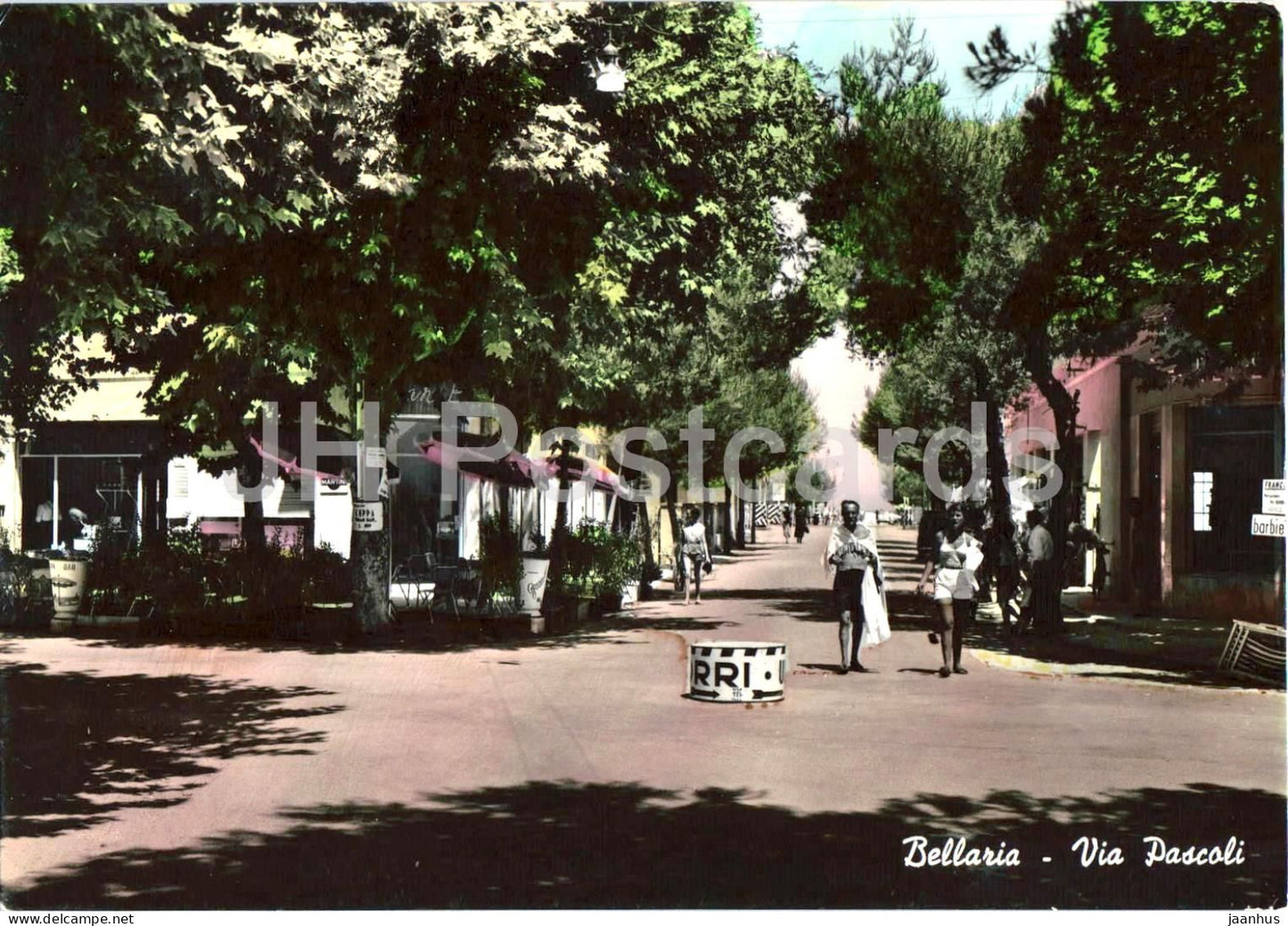 Bellaria - Via Pascoli - Pascoli Street - seaside town street promenade shops people old postcard - 1956 - Italy - used - JH Postcards
