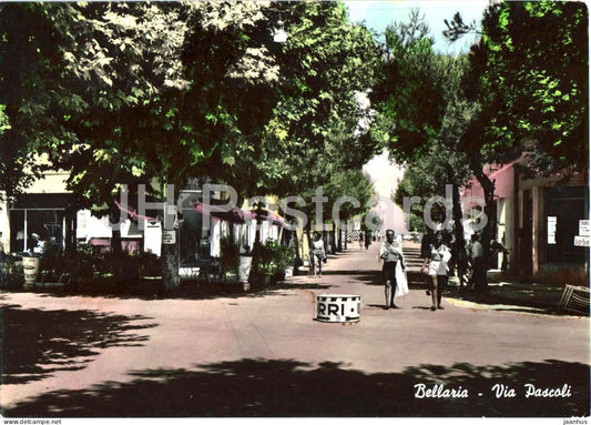 Bellaria - Via Pascoli - Pascoli Street - seaside town street promenade shops people old postcard - 1956 - Italy - used - JH Postcards