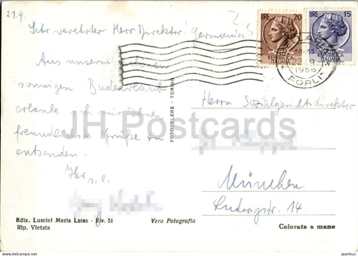 Bellaria - Via Pascoli - Pascoli Street - seaside town street promenade shops people old postcard - 1956 - Italy - used