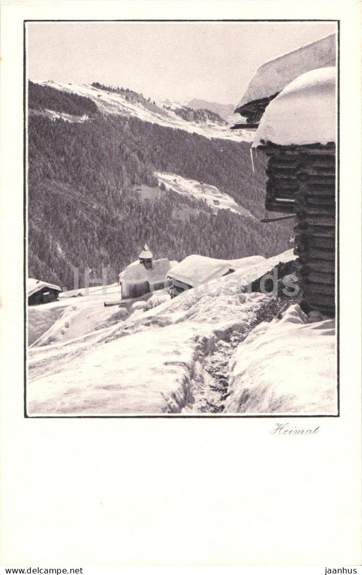 Heimat - snowy mountain slope church and houses in valley - Series - 2430 - old postcard - Switzerland - unused - JH Postcards