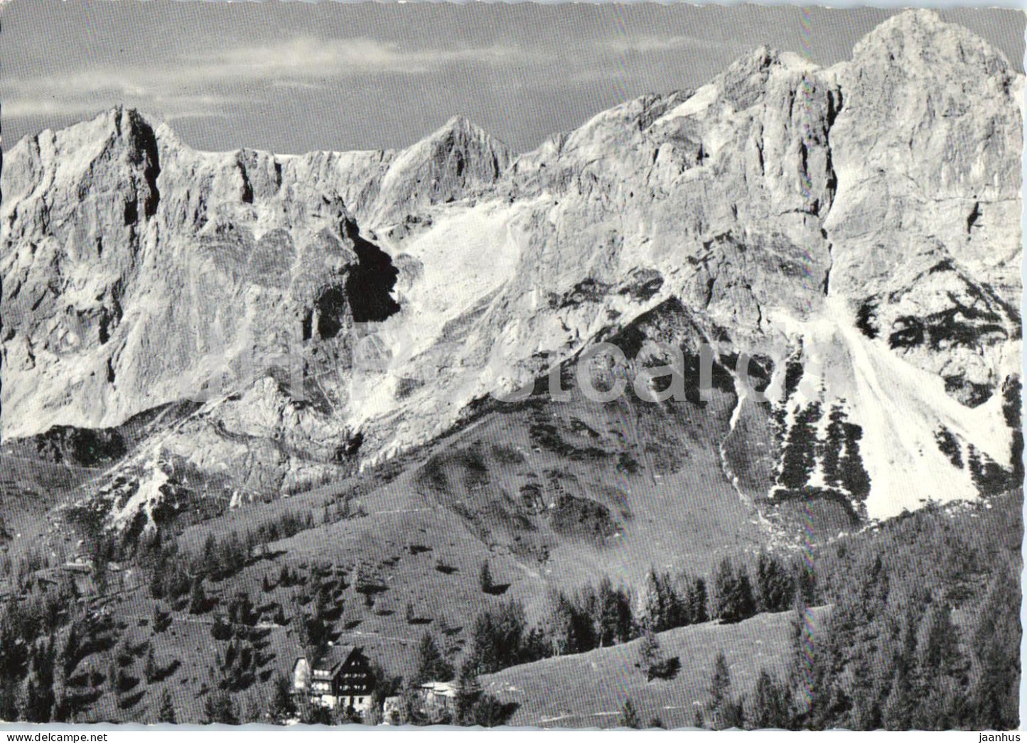 Austriahutte mit Dirndln Hunerkogel und Turlspitz - mountain peaks - panorama - old postcard - Austria - unused - JH Postcards