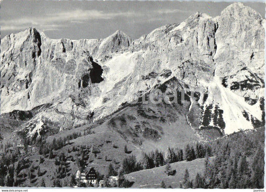 Austriahutte mit Dirndln Hunerkogel und Turlspitz - mountain peaks - panorama - old postcard - Austria - unused - JH Postcards