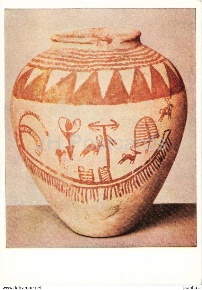 prehistoric clay jar with ships and animals - Vorgeschichtlicher Krug - ancient world Egypt 1966 - Germany DDR - unused - JH Postcards