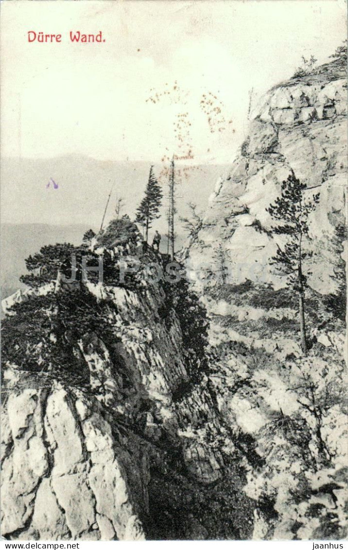 Durre Wand - alpine landscape - cliffs - hiker on ridge - Alps - old postcard - 1907 - Austria - used - JH Postcards
