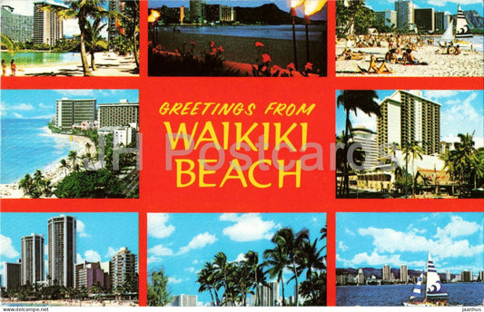 Greetings From Waikiki Beach - hotel - palm trees - ocean views - multiview - 1988 - USA - used - JH Postcards